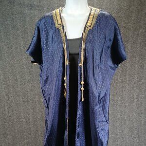 Vintage Indigo Handwoven Kaftan Dress with Gold Trim & Tassel Ties
